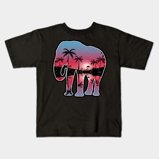 Elephant Beautiful Sunset Beach Palm Tree Kids T-Shirt